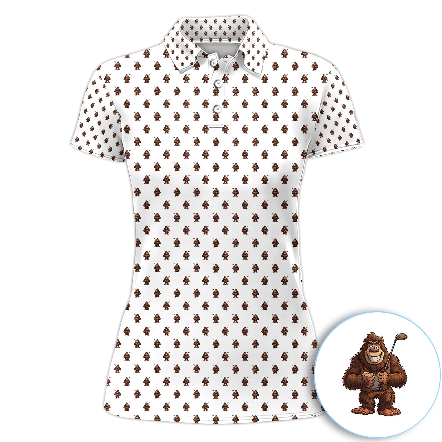 Funny Bigfoot Cartoon Pattern Golf Shirt, Cute Sasquatch Golfer Polo Shirt For Women, Golfer Gift