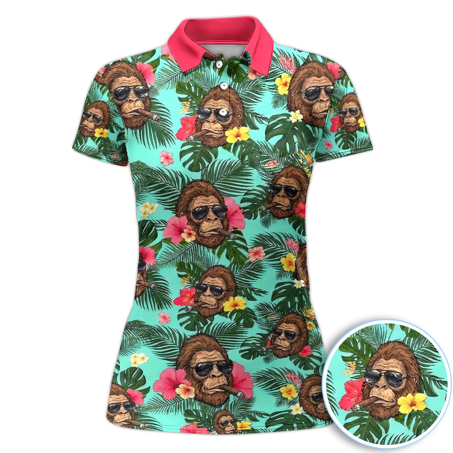 Funny Bigfoot Hawaiian Golf Polo Shirt, Smoking Sasquatch Tropical Aloha Shirt for Women