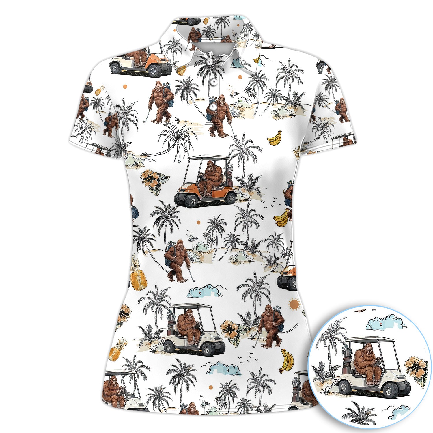 Funny Bigfoot Golf Cart Tropical Pattern Golf Shirt, Sasquatch Golfer Palm Golf Shirt For Women, Golfer Gift
