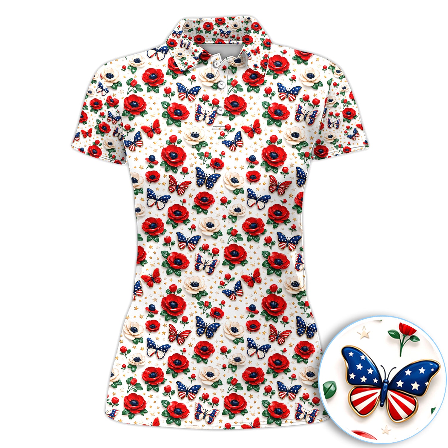 Patriotic Floral Butterfly Polo Shirt For Women, Red White Blue Flower All Over Print, USA Flag Inspired Summer Golf Shirt