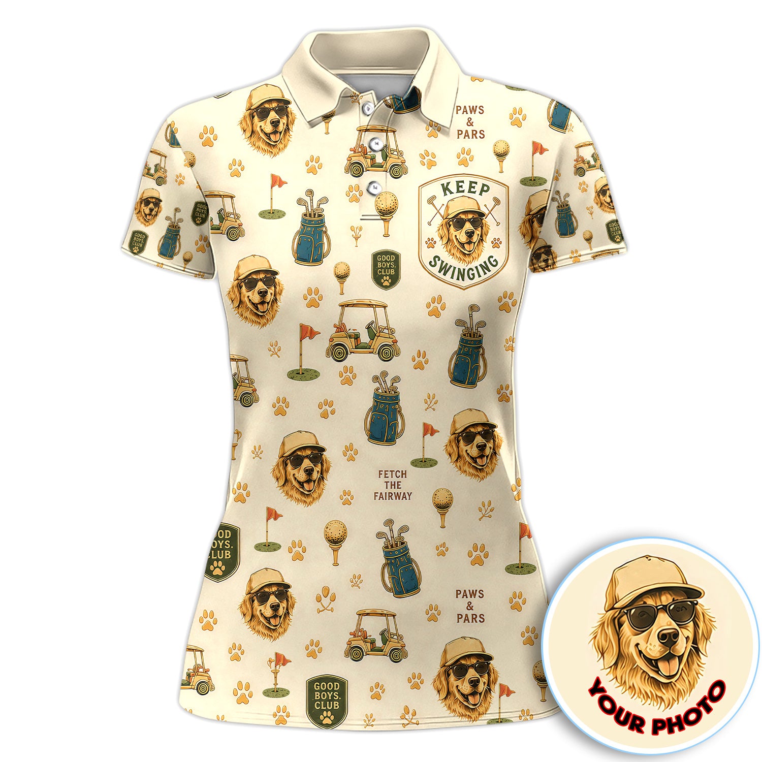 Custom Dog Golf Polo Shirt for Women – Personalized Pet Photo Golf Shirt, Funny Dog Mom Golf Polo with Golf Cart & Paw Print Pattern