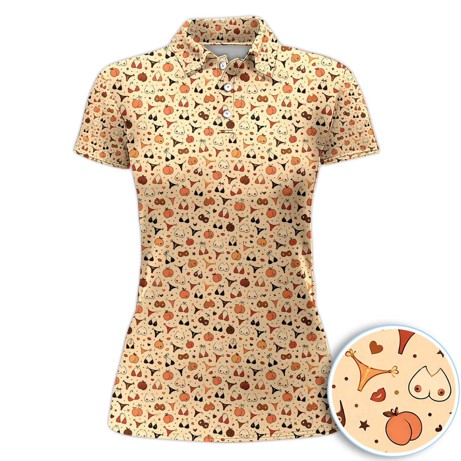 Funny Women’s Adult Humor Polo Shirt – Hidden Cheeky Peach & Bikini Pattern Polo, Girls Party Gift