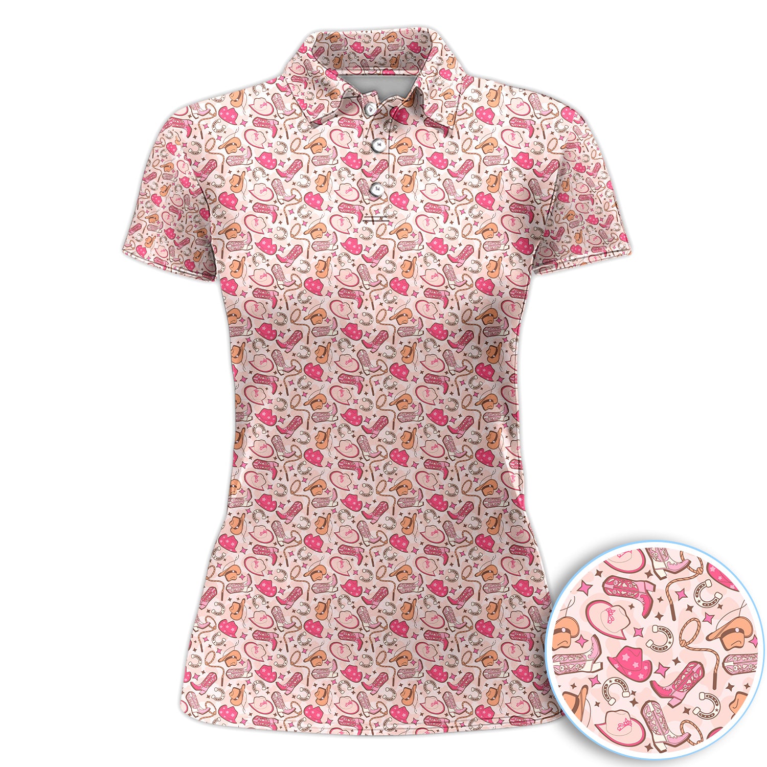 Pink Cowgirl Western Women Polo Shirt, Boho Cowgirl Hat Boots Horseshoe Pattern Shirt, Cowgirl Gift