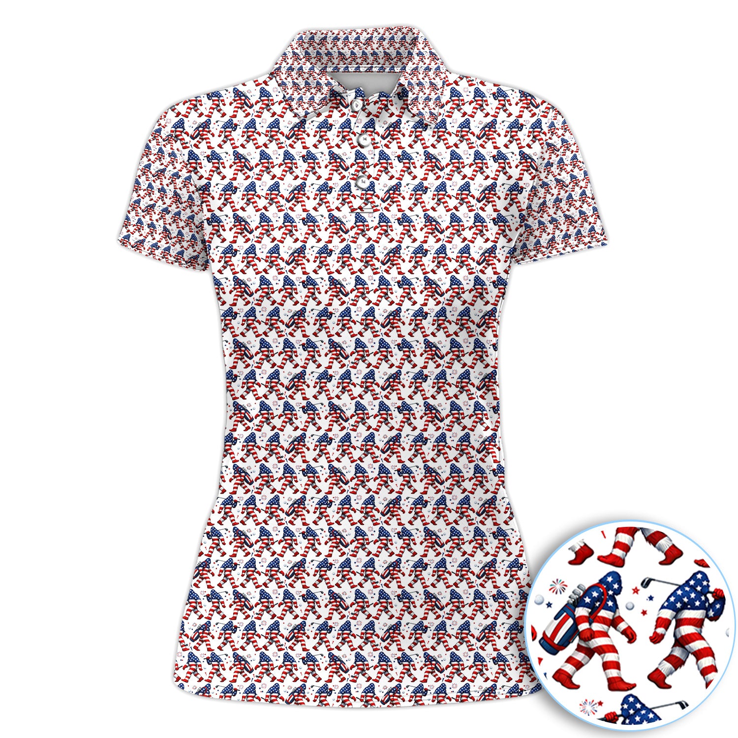 Patriotic Bigfoot Golf Pattern Shirt, American Flag Sasquatch Golf Shirt For Women, 4th Of July Gift