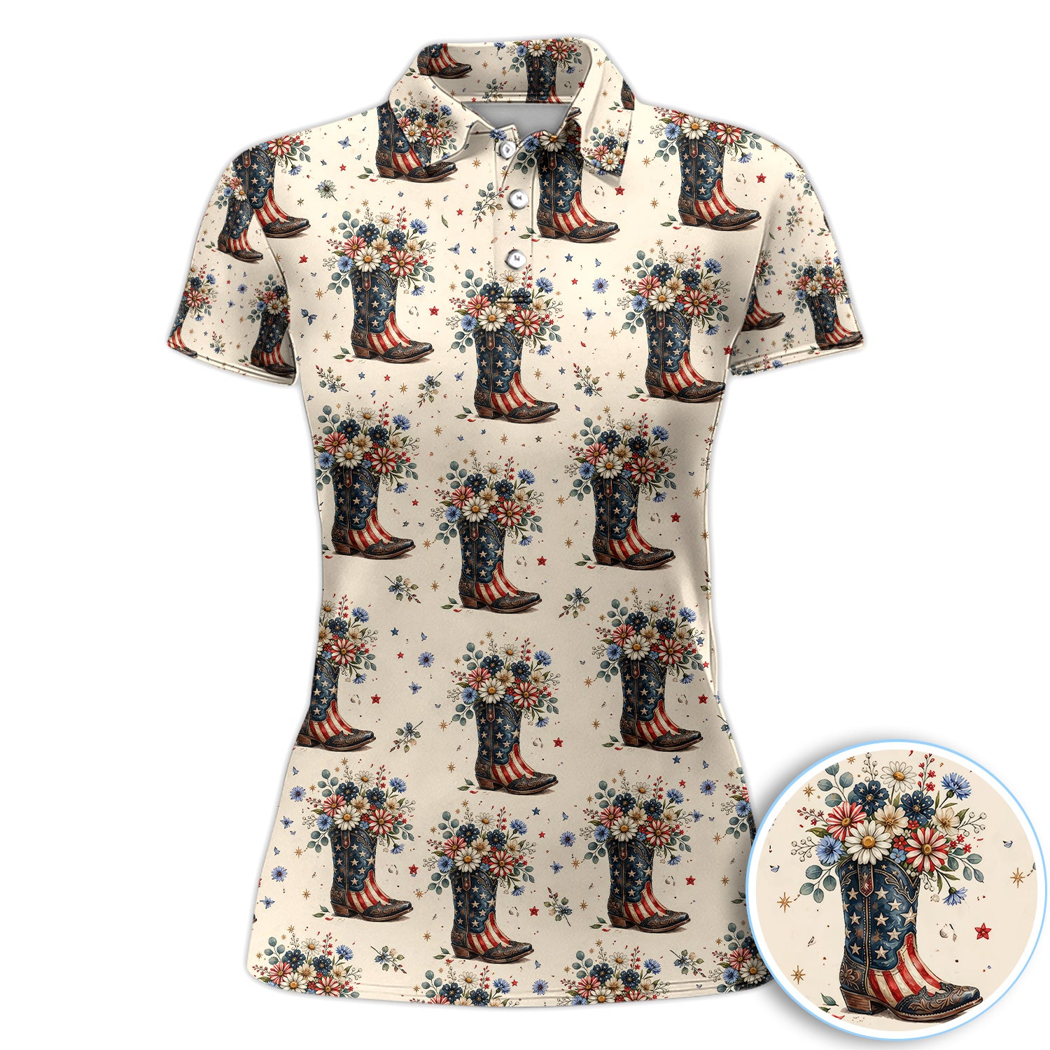 Patriotic Cowboy Boots Floral Polo Shirt, Vintage American Flag Boots Pattern Golf Shirt For Men, USA Western Style Gift