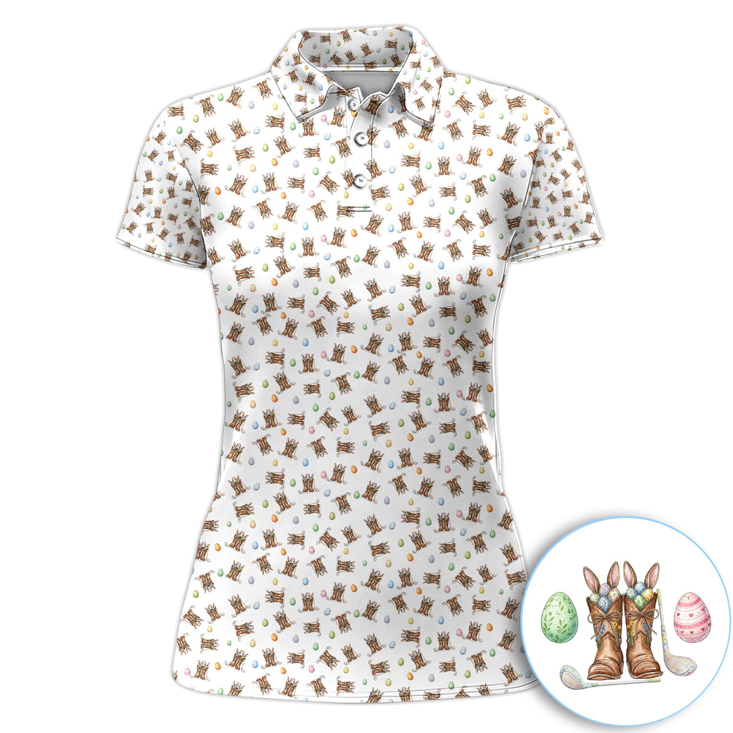 Easter Cowboy Boots Western Coquette White Golf Polos, Crazy Golf Shirt For Women, Funny Golf Shirt