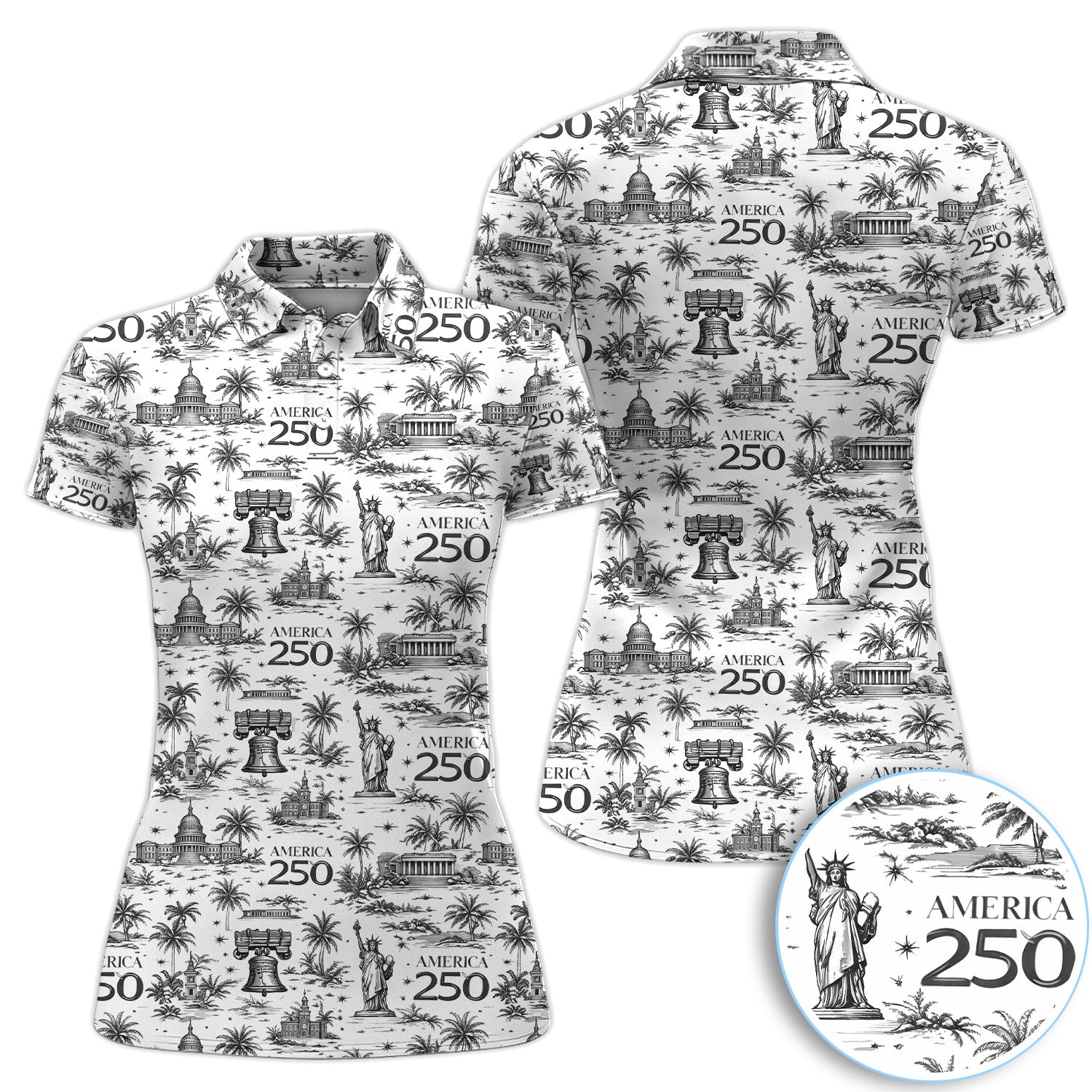 America 250 Golf Polo Shirt, Patriotic USA Landmark Print Polo For Women, Independence Day Shirt