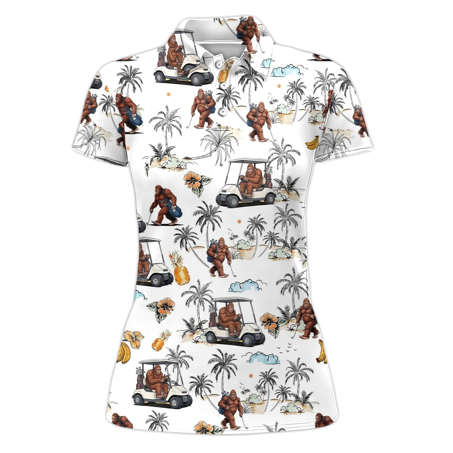 Funny Bigfoot Golf Pattern Shirt, Sasquatch Hawaiian Golf Polo For Women, Golfer Gift