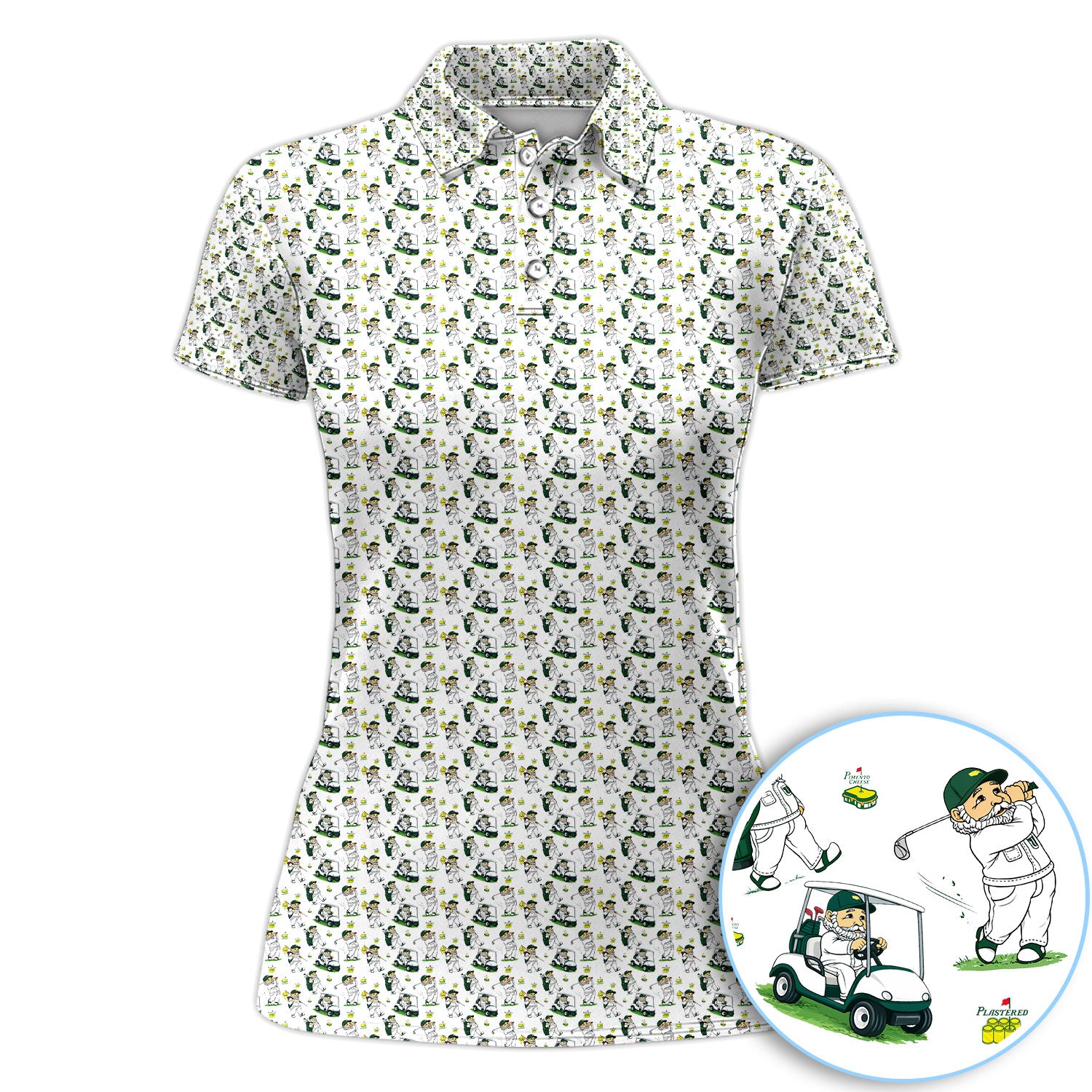 Golf Gnome Cartoon Women Polo Shirt, Cute Golfer Gnome Golf Cart All Over Print Shirt, Golfer Gift