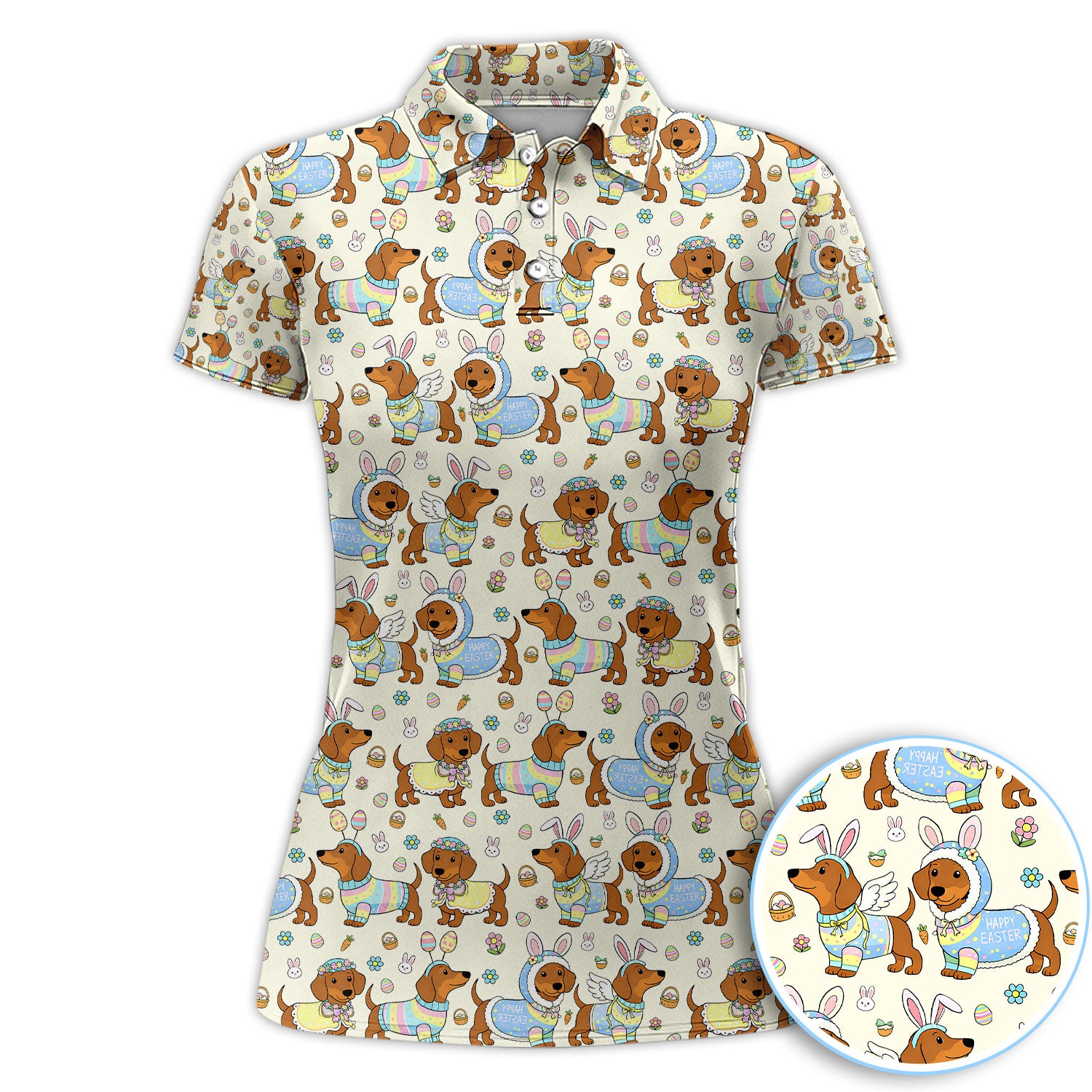 Dachshund Happy Easter Golf Polos, Easter Wiener Dog Pattern Golf Shirt, Golf Gift For Women