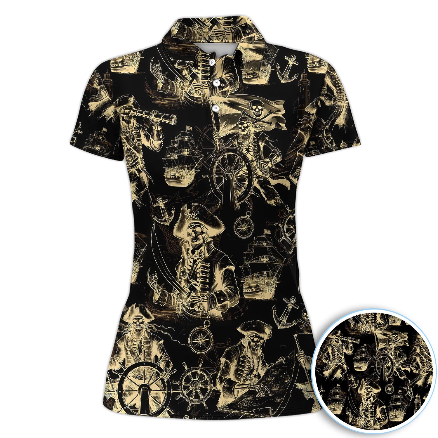 Vintage Skeleton Pirate Golf Pattern Shirt, Pirate Skull Golf Shirt For Women, Pirate Gift