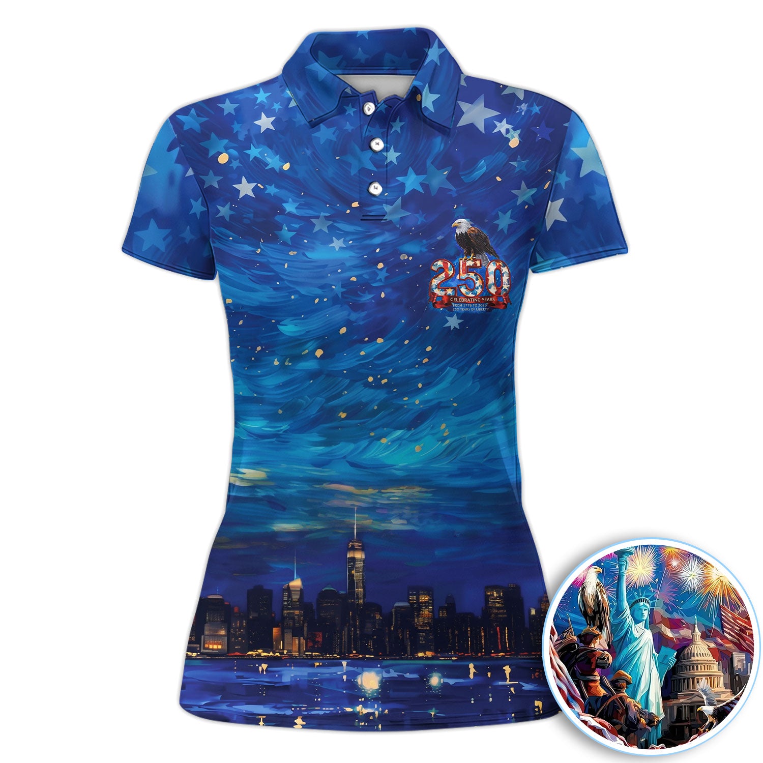 Patriotic 250 Years Freedom Polo Shirt For Women, USA Skyline Eagle Fireworks Pattern, American Independence Celebration Golf Shirt