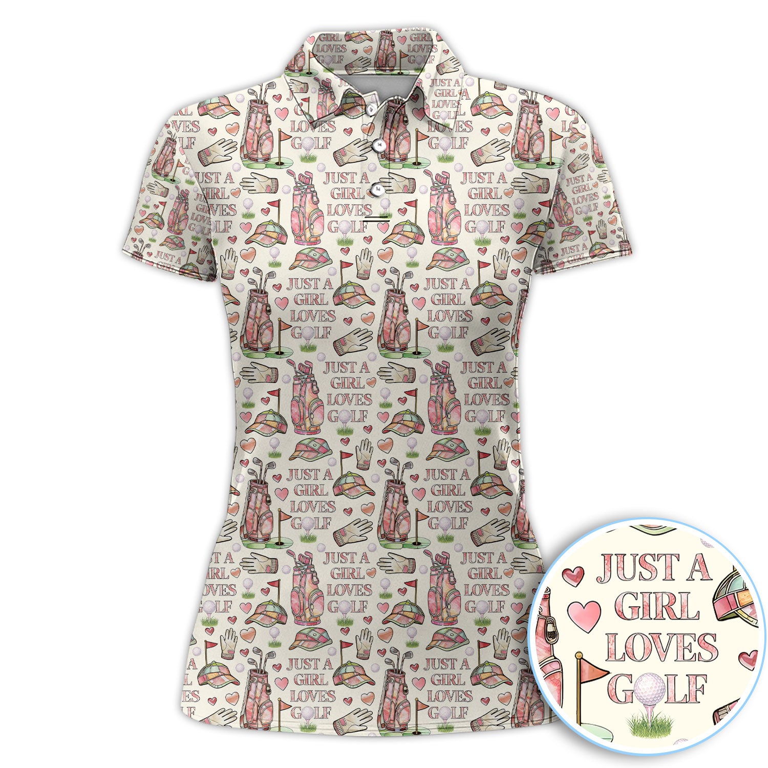 Just A Girl Loves Golf Shirt For Women, Pink Golf Bag Heart Pattern Golf Polos, Cute Golf Gift For Golfer