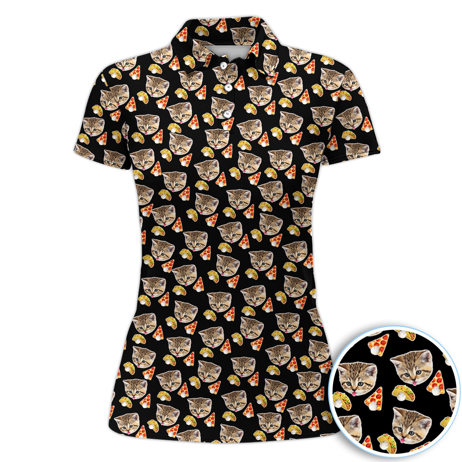 Funny Cat Pizza Taco Golf Pattern Shirt, Kitten Food Lover Golf Shirt For Women, Cat Lover Gift