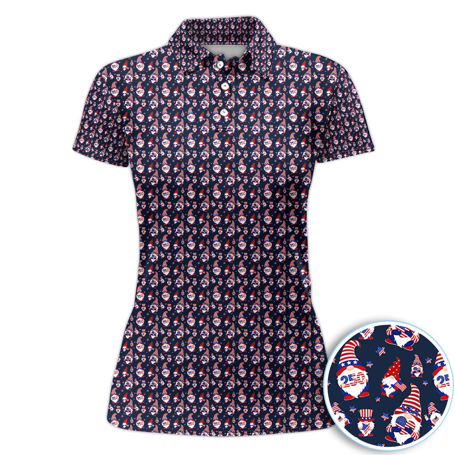 Funny USA Patriot Gnomes Pattern Golf Polos, Crazy Golf Shirt For Women, Funny Golf Shirt