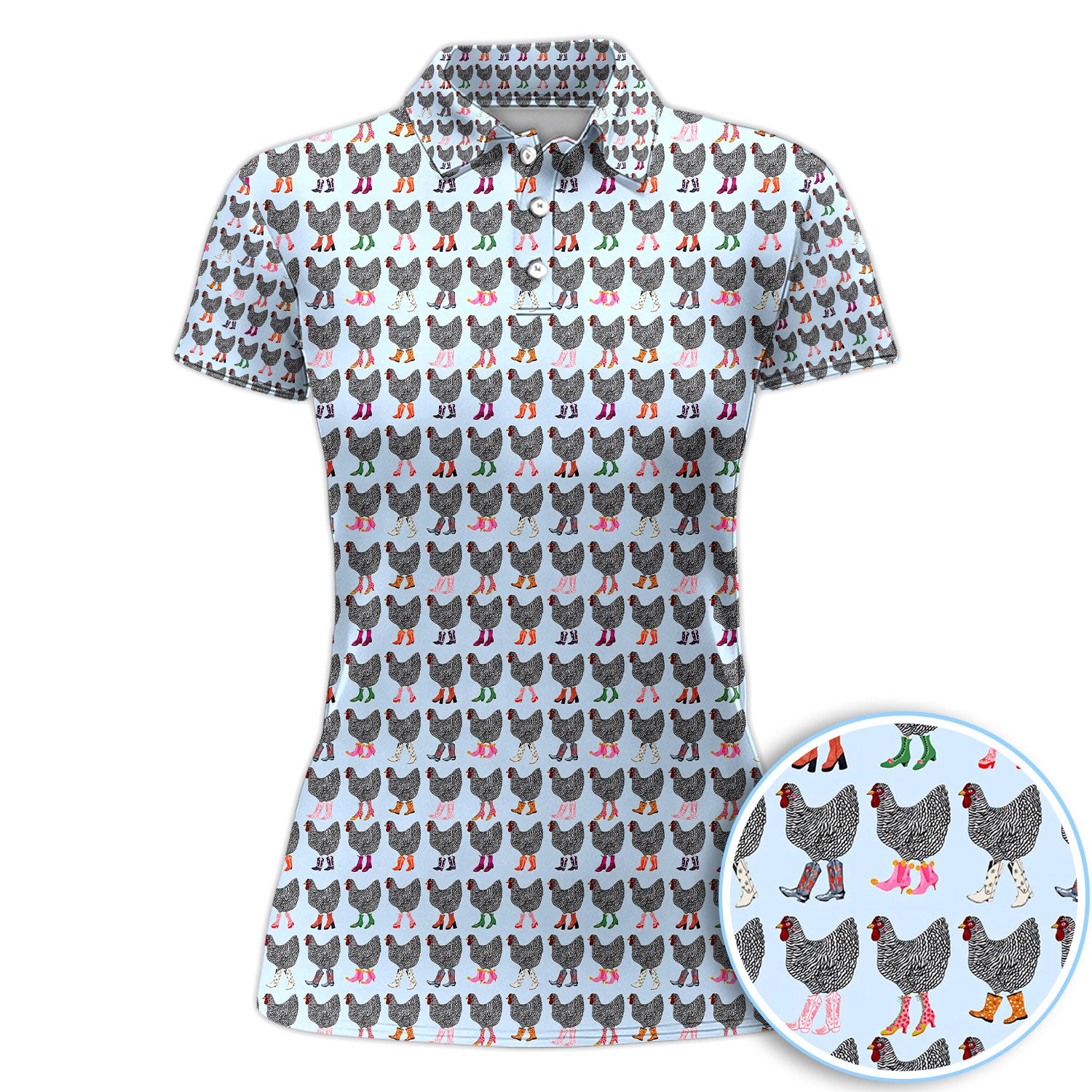 Chicken Wearing Cowboy Boots Pattern Polo Shirt, Cute Farm Print Golf Shirt For Women, Golf Gift For Golfer