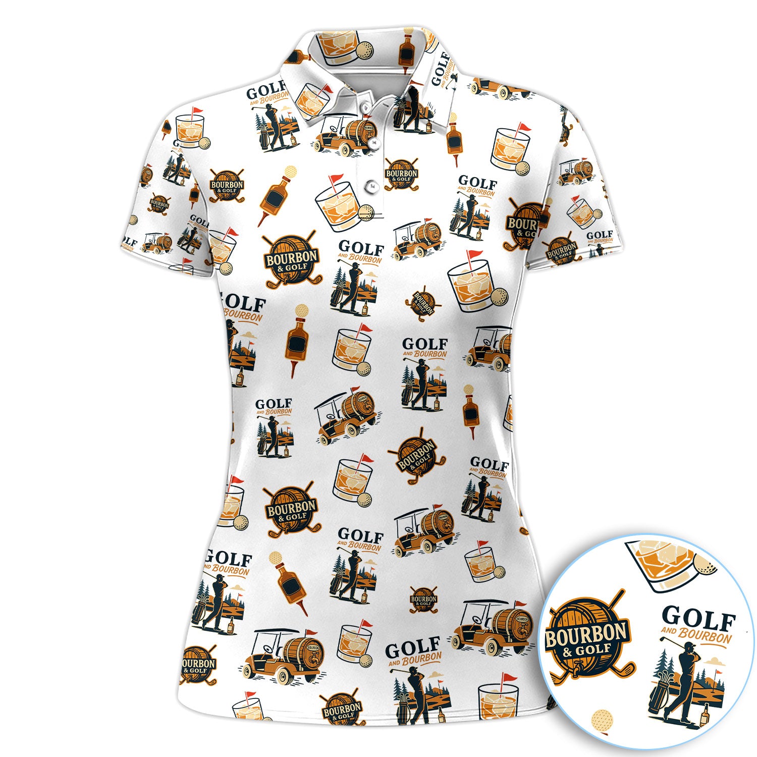Golf and Bourbon Pattern Polo Shirt for Women, Funny Whiskey Golf Print Shirt, Golfer Gift Idea