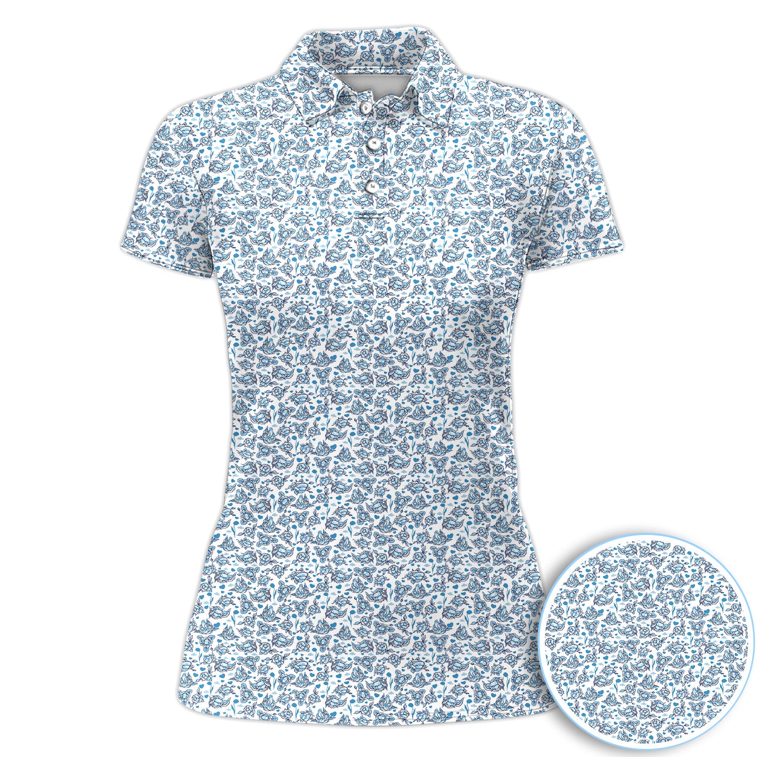 Blue Floral Line Art Polo Shirt For Women, Ditzy Botanical All Over Print, White Summer Casual Golf Shirt