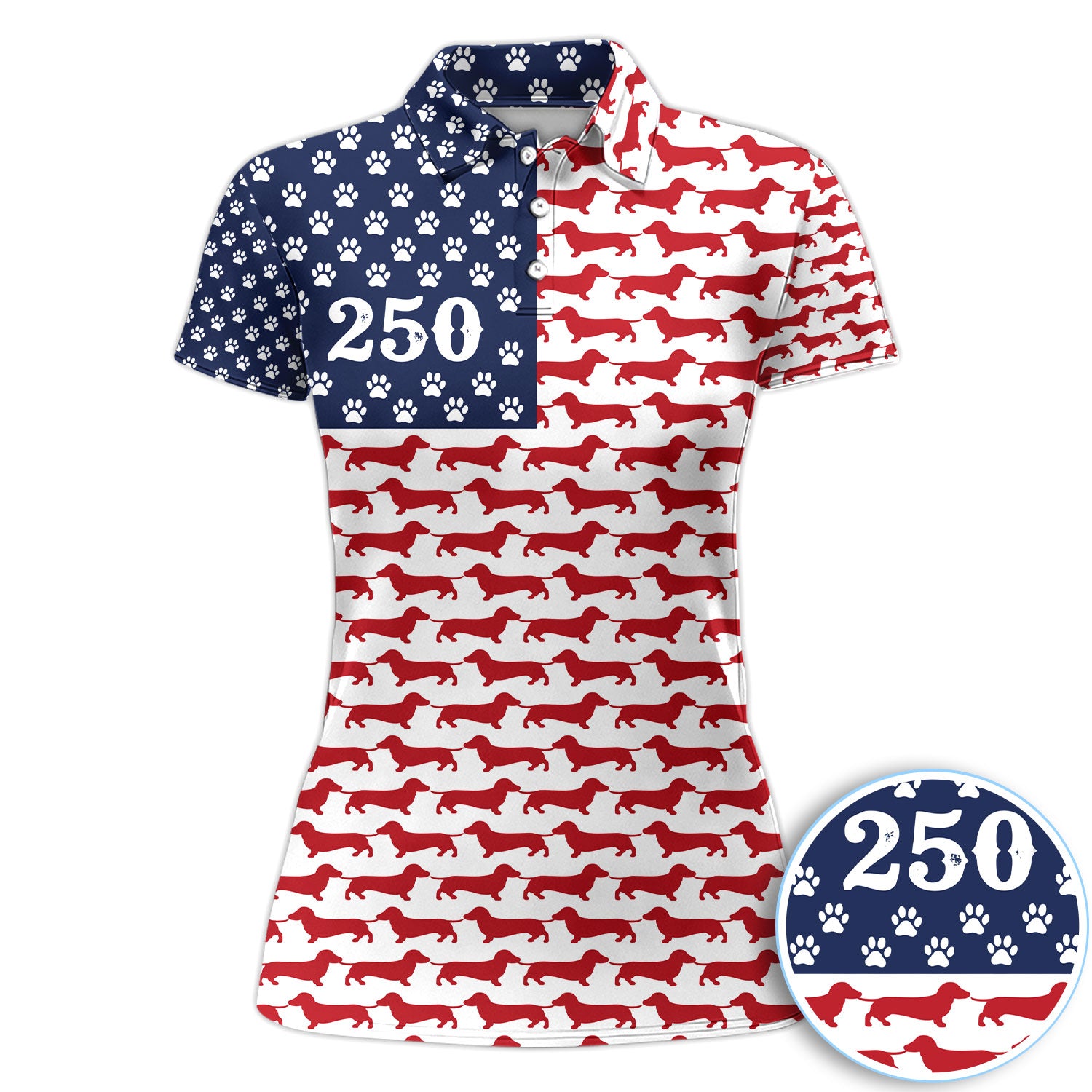 Dachshund USA Flag 250 Pattern Golf Polos, Crazy Dachshund Golf Shirt For Women, Funny Golf Shirt