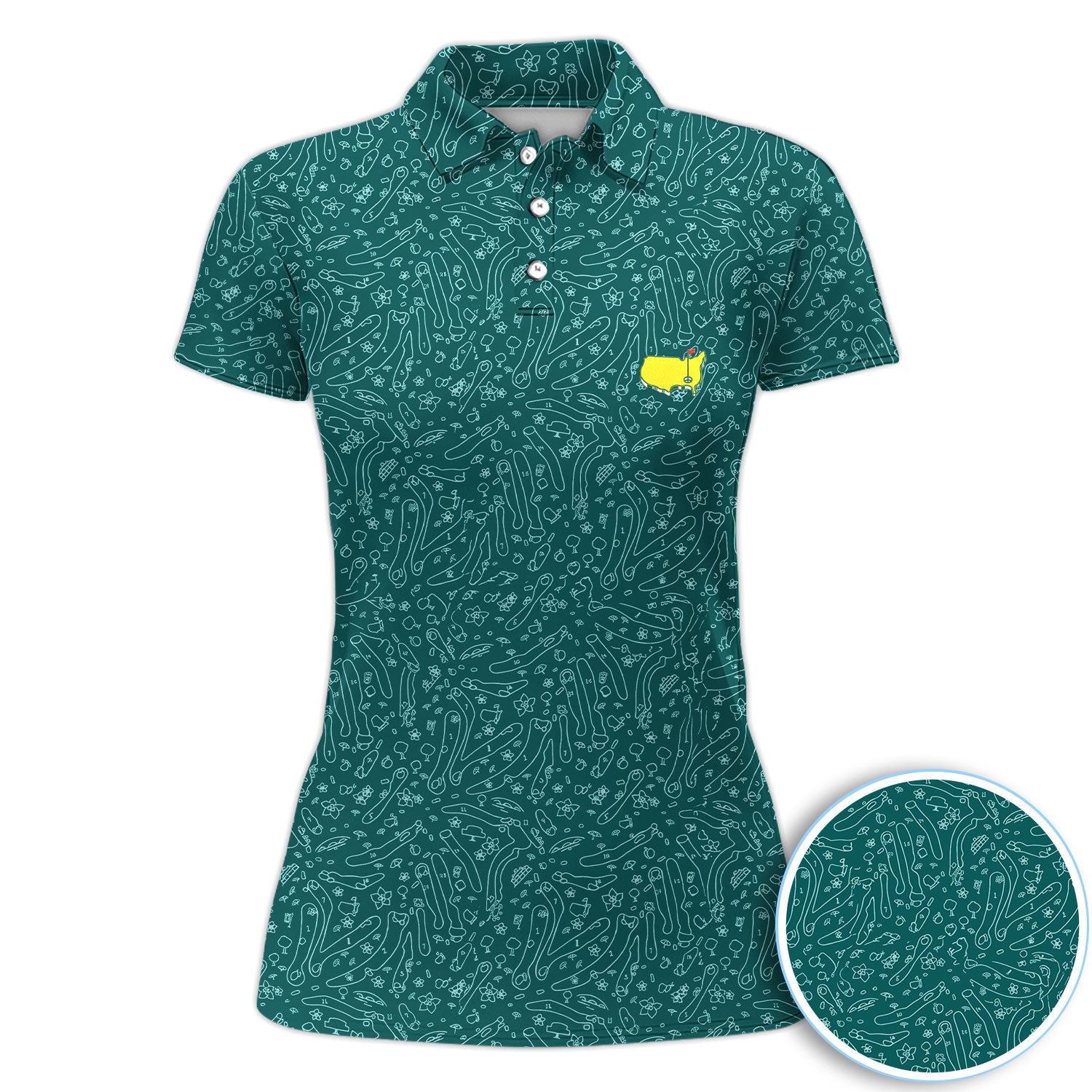 Green Golf Pattern Polo Shirt For Women, Clubs Balls All Over Print, Casual Sports Summer Golf Shirt
