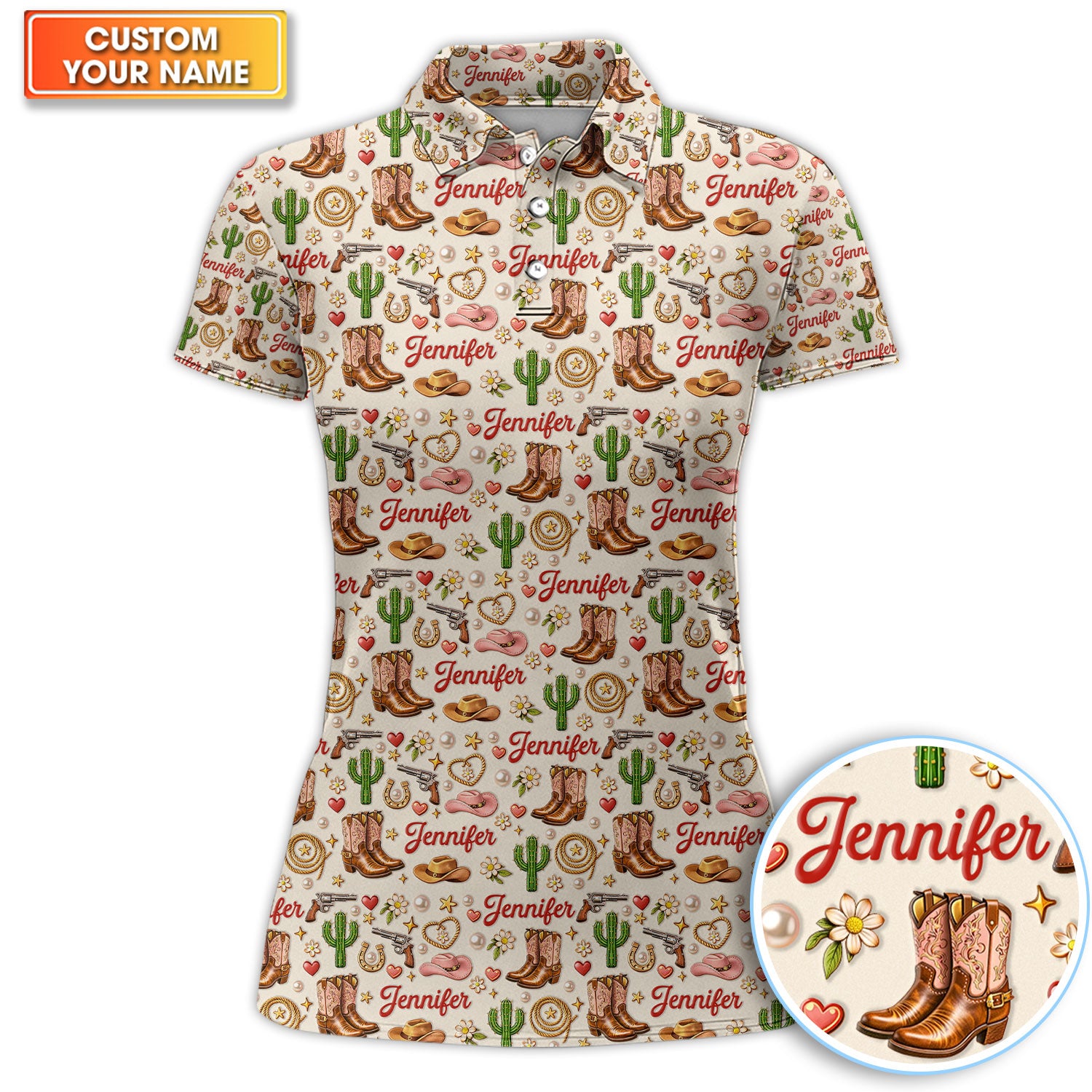Personalized Cowboy Golf Polo Shirt, Boots and Cactus Pattern Performance Golf Shirt Gift for Women