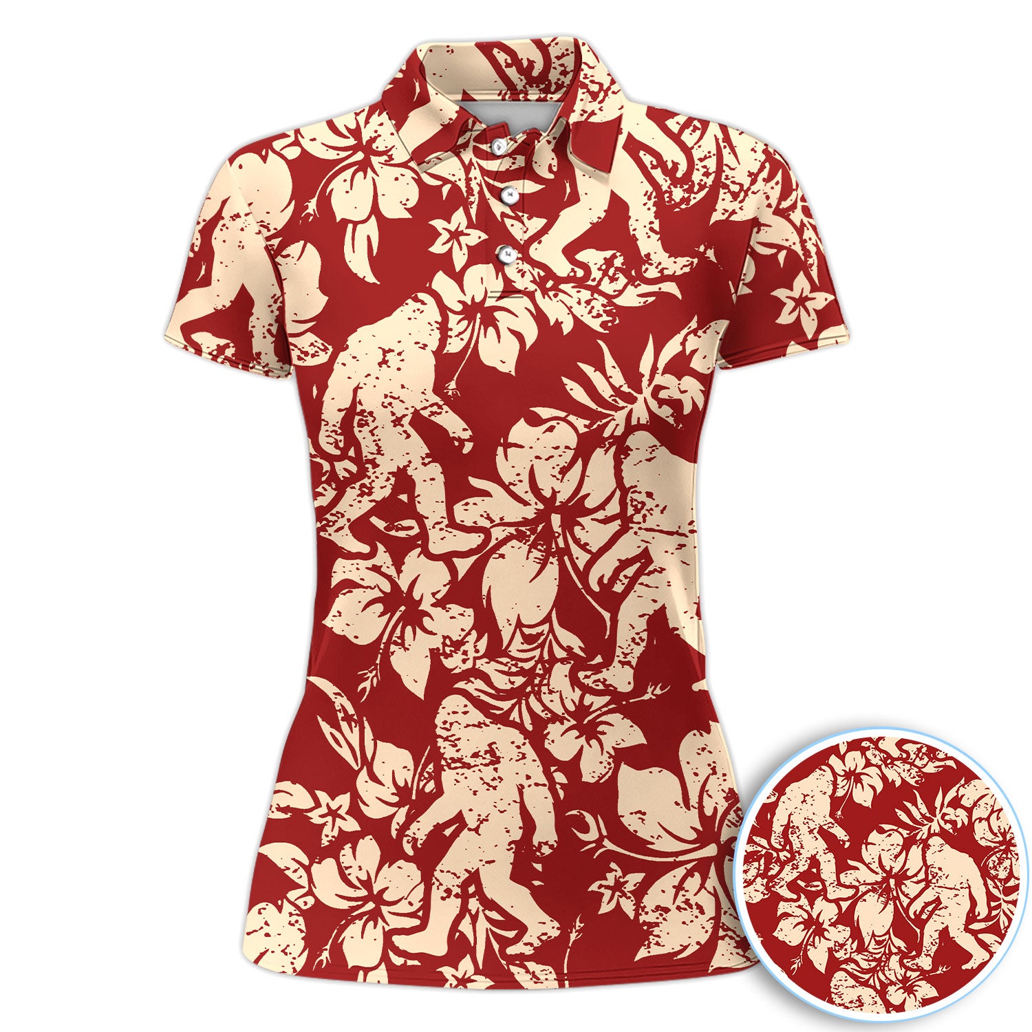 Red Bigfoot Hawaiian Polo Shirt For Women, Sasquatch Floral Aloha All Over Print, Tropical Casual Summer Golf Shirt