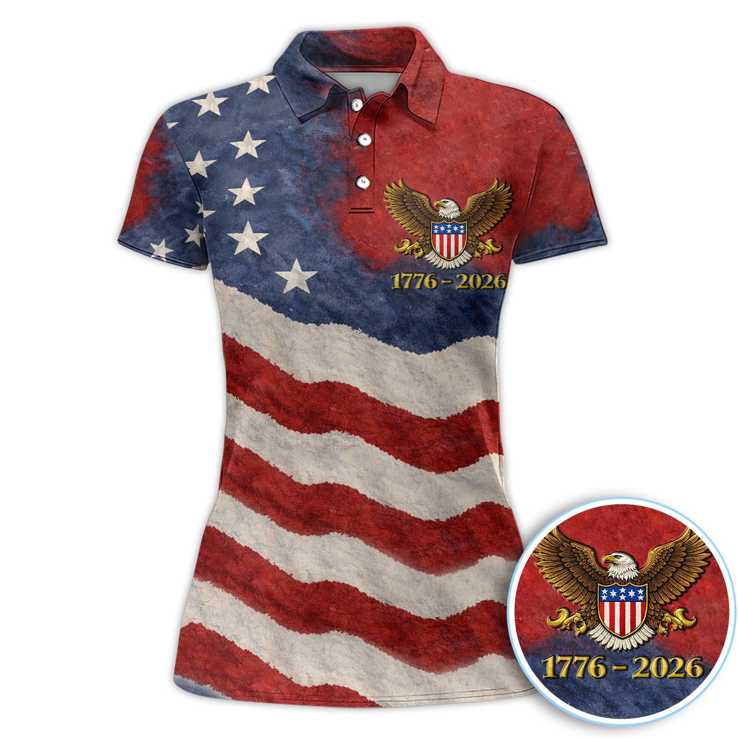 Patriotic American Flag Pattern Golf Shirt, USA 250th Anniversary Golf Polos, Golf Gift For Women
