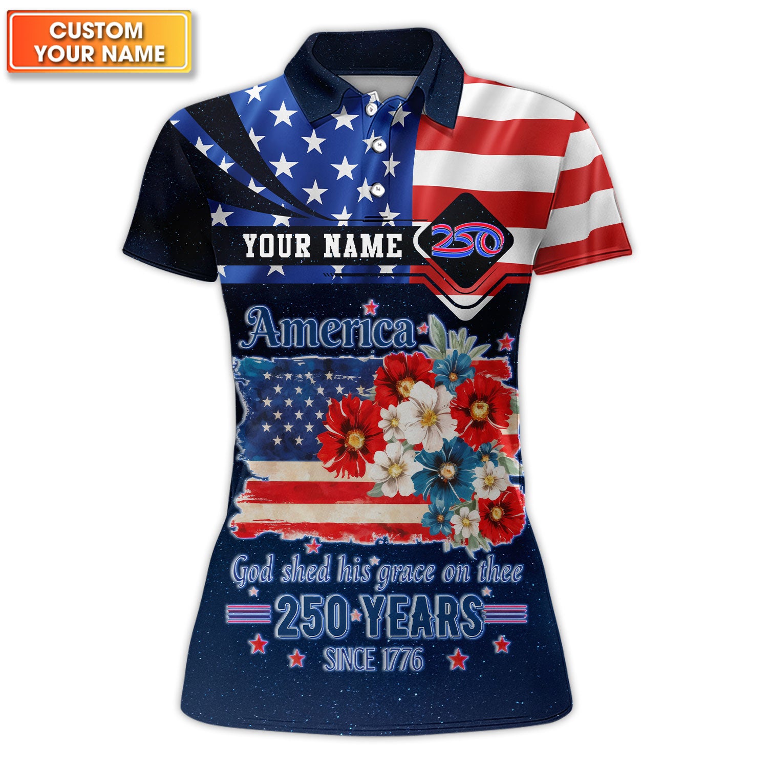 Custom Name  USA 250th Anniversary Golf Polo Shirt For Women, Patriotic American Flag, Golf Gift For Women