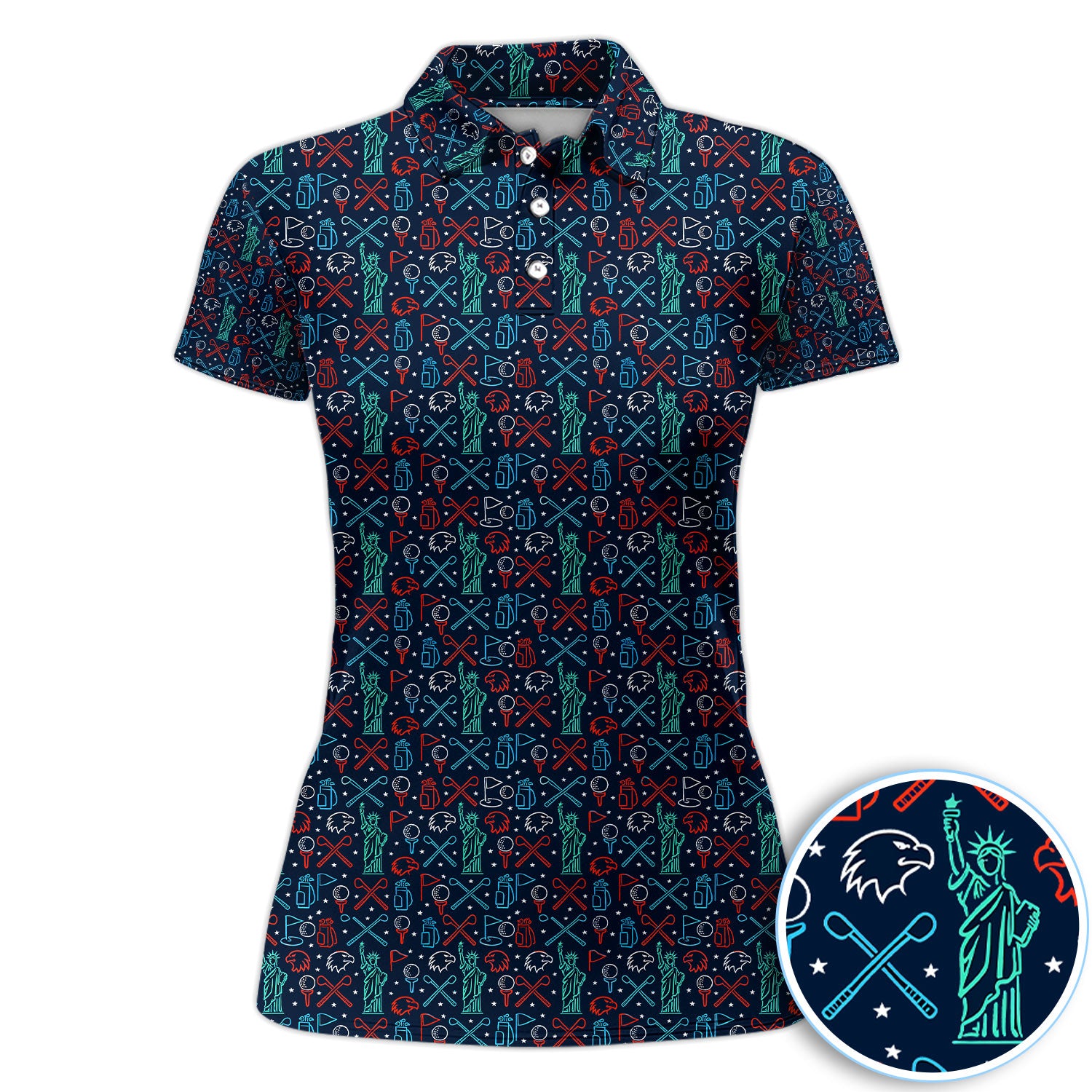 Patriotic USA Golf Pattern Shirt, American Flag Statue Of Liberty Eagle Golf Shirt For Women, 4th Of July Golf Gift