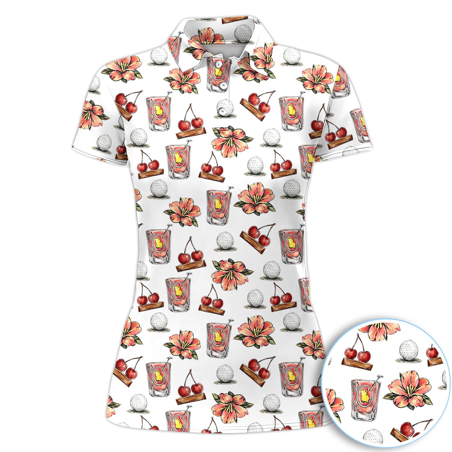 Cherry Cocktail Floral Golf Polo Shirt For Women, Drink Fruit All Over Print, Summer Casual White Golf Shirt