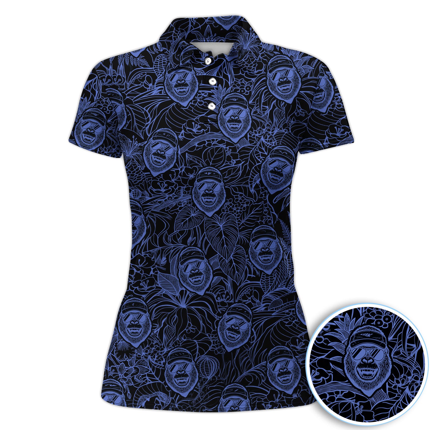 Bigfoot Neon Outline Polo Shirt For Women, Sasquatch Face All Over Print, Cool Blue Line Art Cryptid Pattern Casual Shirt
