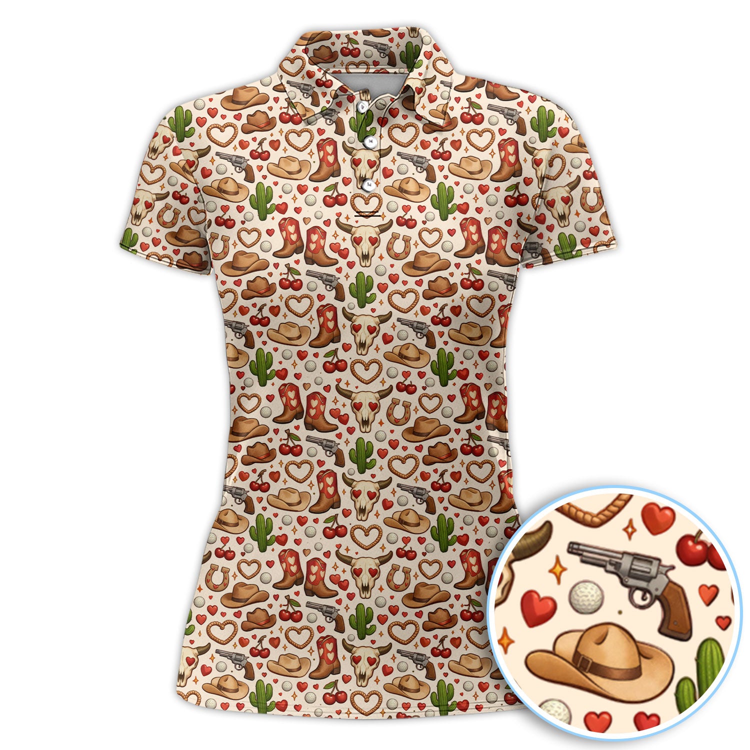 Just A Cowgirl Who Loves Golf Shirt, Western Boot Heart Pattern Golf Polos For Women, Fun Golf Gift For Golfer