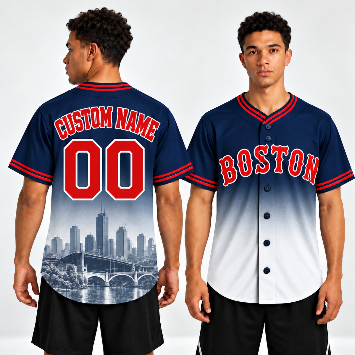 Custom Boston Skyline Ombre Baseball Jersey