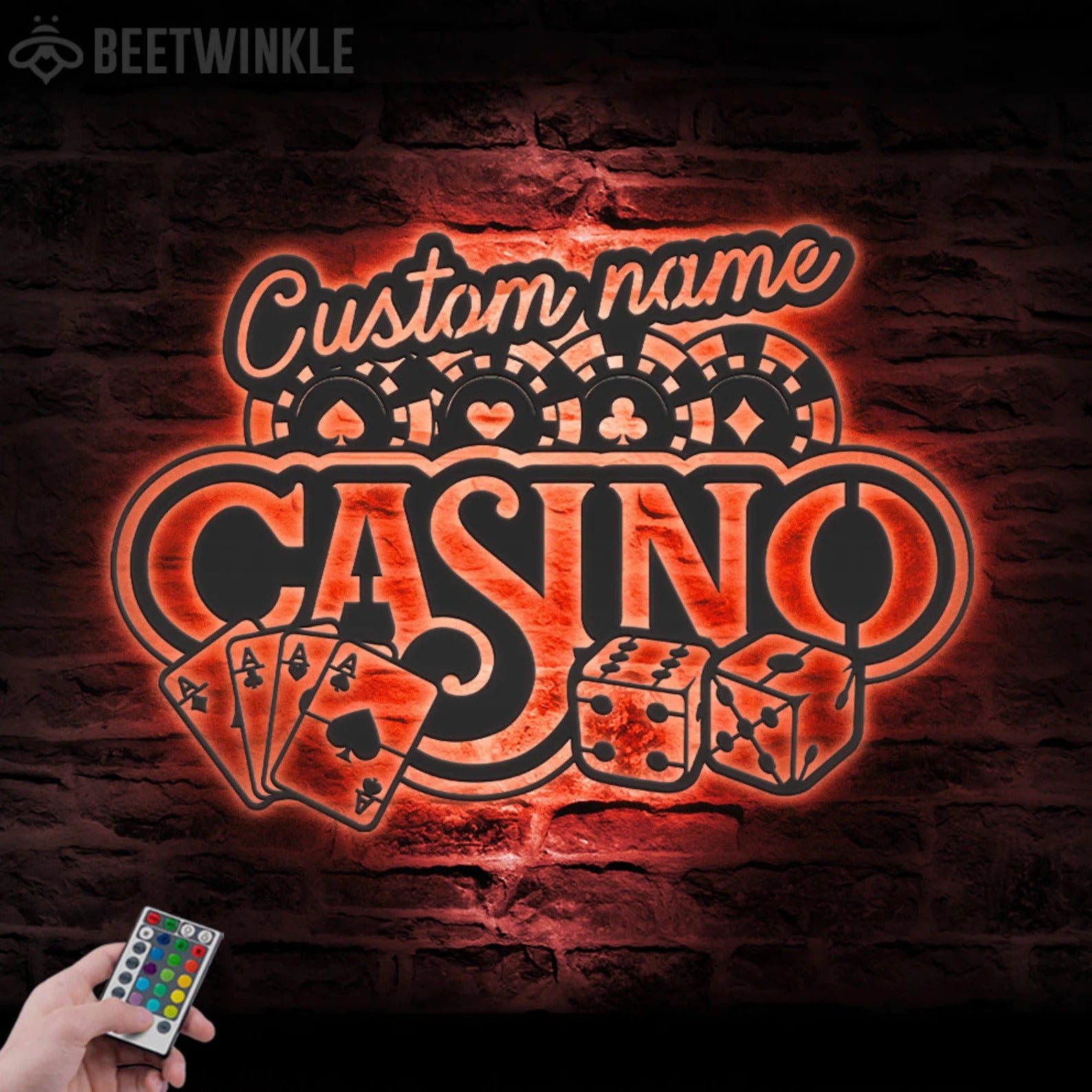 Custom Casino Playing Cards Chips Gambling Dice Poker Metal Wall Art LED Light - Personalized Gamer Name Sign Home Decor Game Zone Decoration