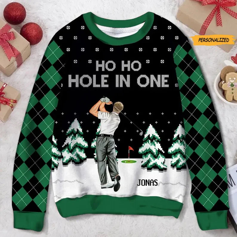 Personalized Golfers Ugly Christmas Sweater, Ho Ho Hole In One Xmas Sweatshirt, Ugly Sweater For Golfers