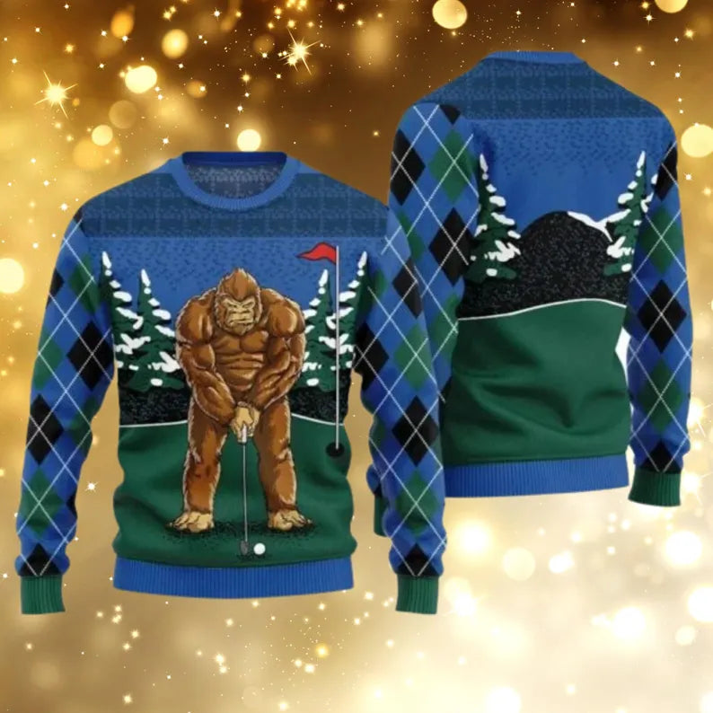 Bigfoot Golf Ugly Christmas Sweater, Funny Sasquatch Golf Xmas Sweater, Crzay Golf Shirt For Men