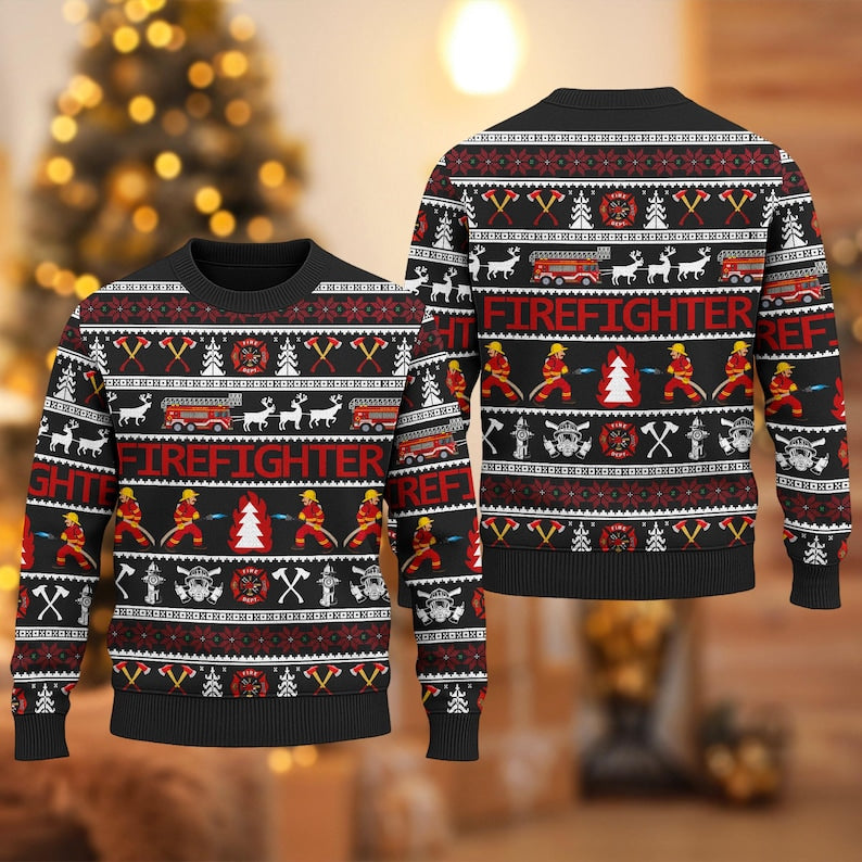 Firefighter Ugly Christmas Sweater, All Over Print Unisex Ugly Christmas Sweatshirt, Fire Truck Xmas Shirt, Merry Christmas Gift