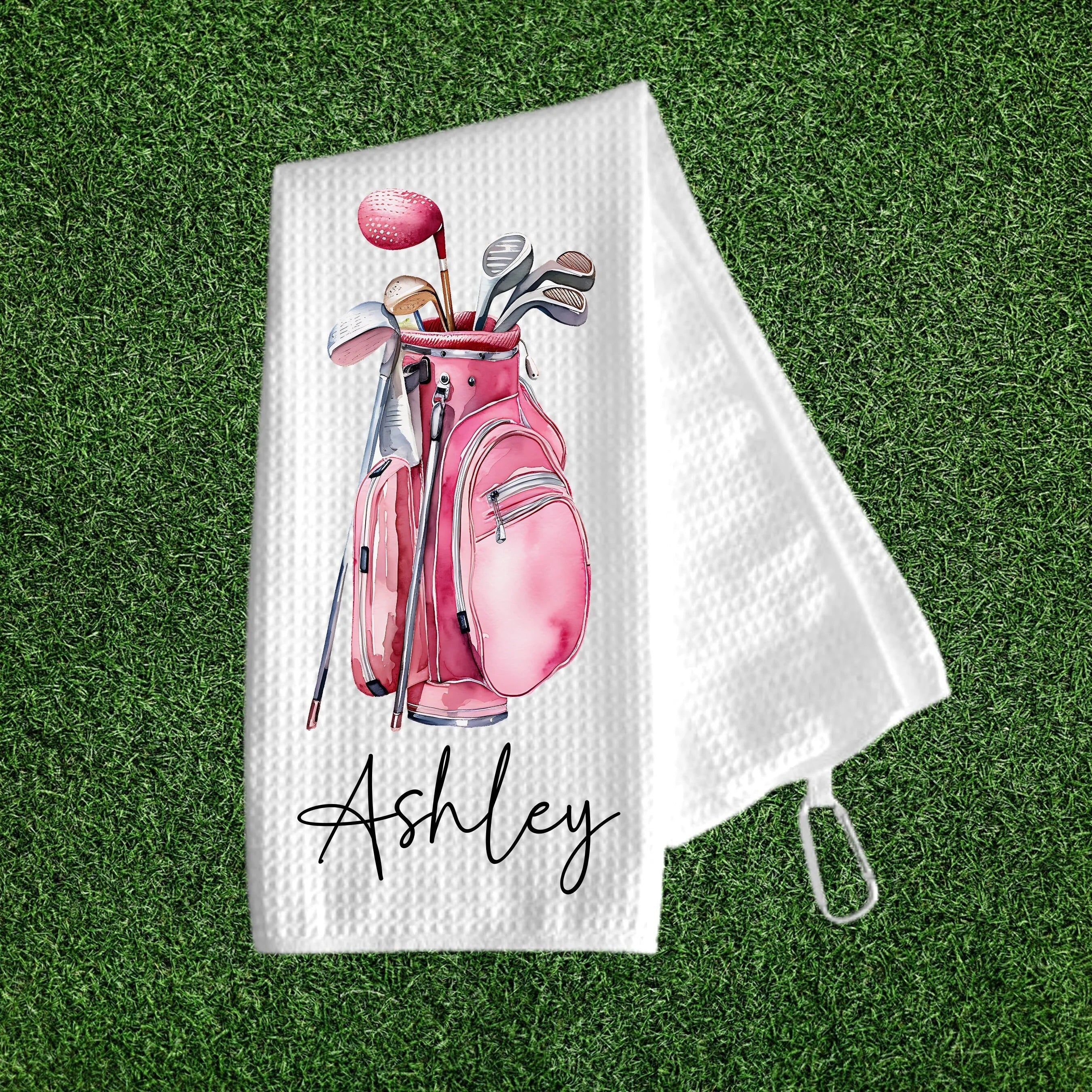 Personalized Name Golf Towel With Pink Golf Bag Design With, Custom Golf Towels for Women, Gift for Golf Lovers