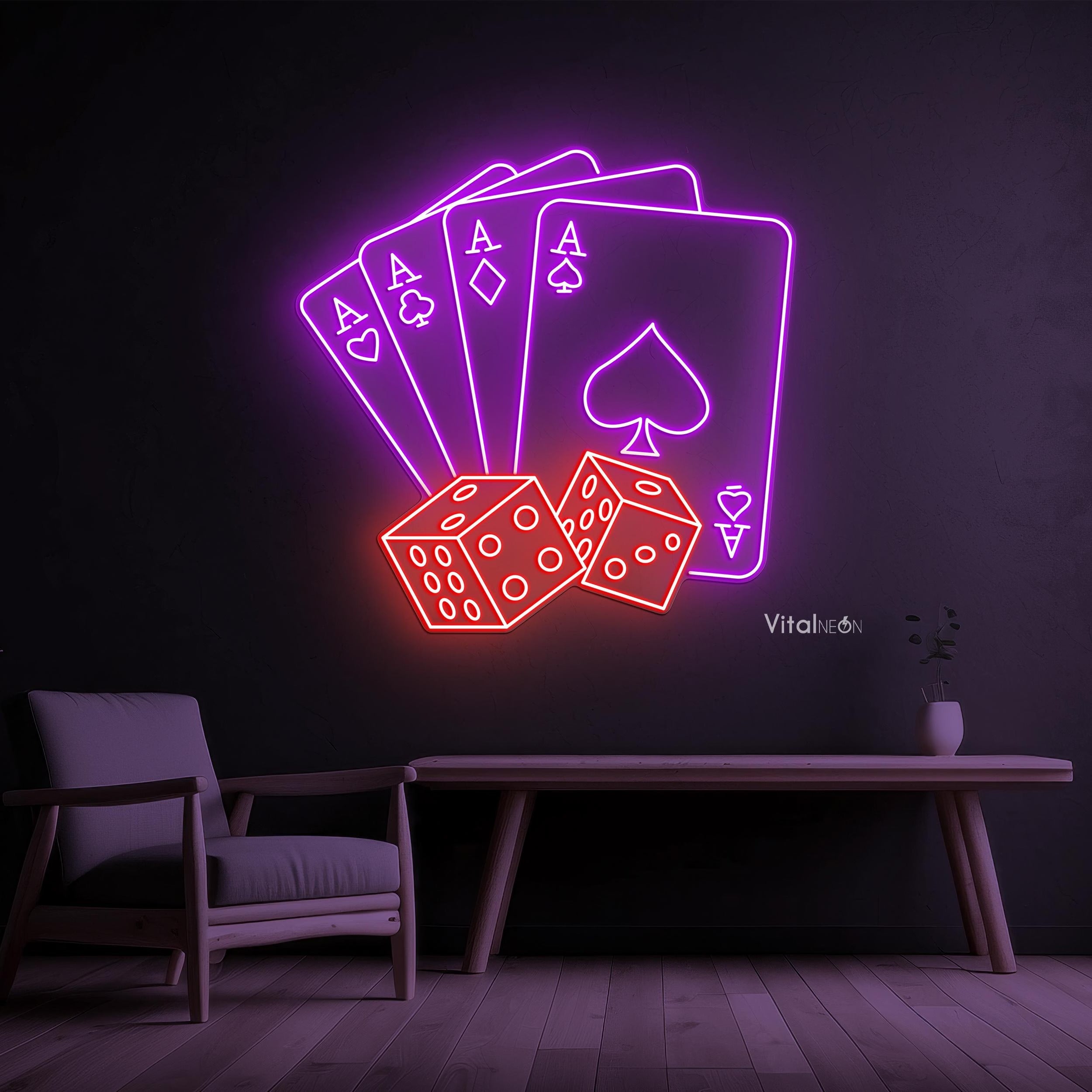 Poker Cards & Dice Neon Sign, Casino Led Light Wall Art, Poker Room Wall Decor