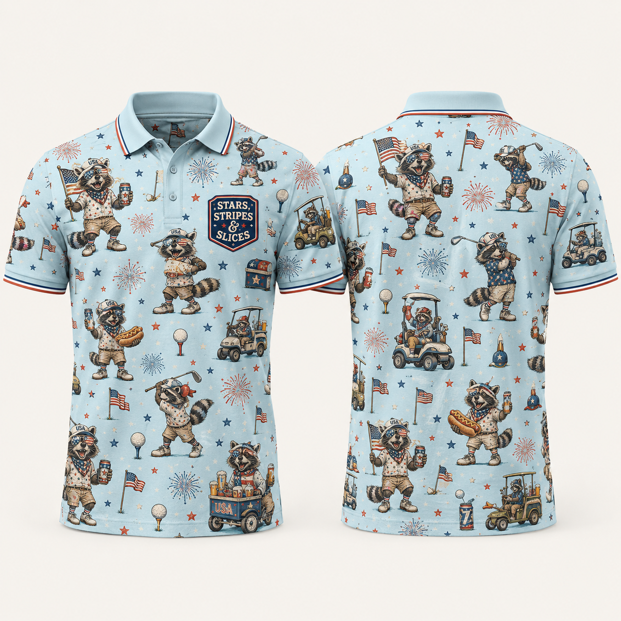 4th of July Golf Shirt for Men – Stars Stripes & Slices Funny Patriotic Raccoon Golf Polo