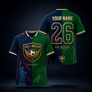 Two soccer jerseys, one blue and one green, with 'USA Mexico' design on a dark background.