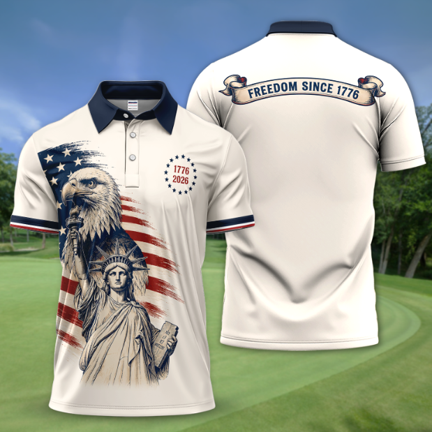 Patriotic Polo Shirt for Men – Freedom Since 1776 USA 250th Liberty Eagle 4th of July Polo