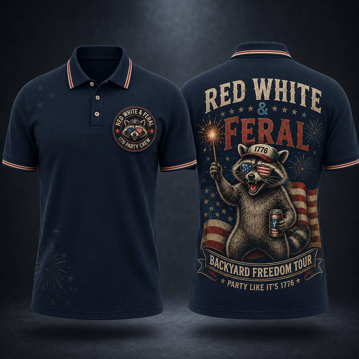 Patriotic Polo Shirt for Men – Red White & Feral 1776 Backyard Freedom 4th of July USA 250th Party Polo