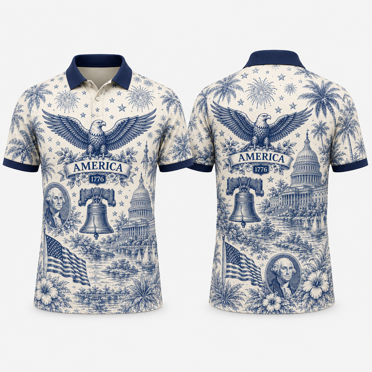 4th of July Patriotic Golf Polo Shirt for Men – Blue Toile America 1776 Independence Day Polo
