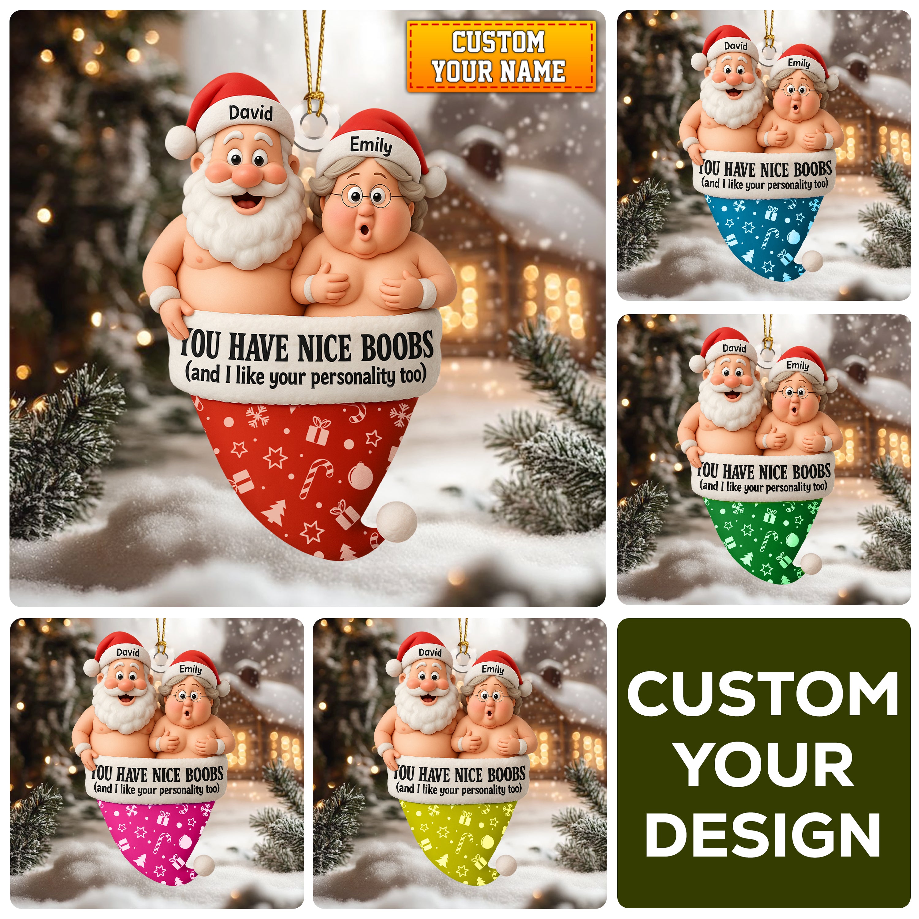 Personalized Funny Couple Christmas Ornament, Custom Name Santa And Wife Ornament, You Have Nice Boobs Humor Gift For Couple