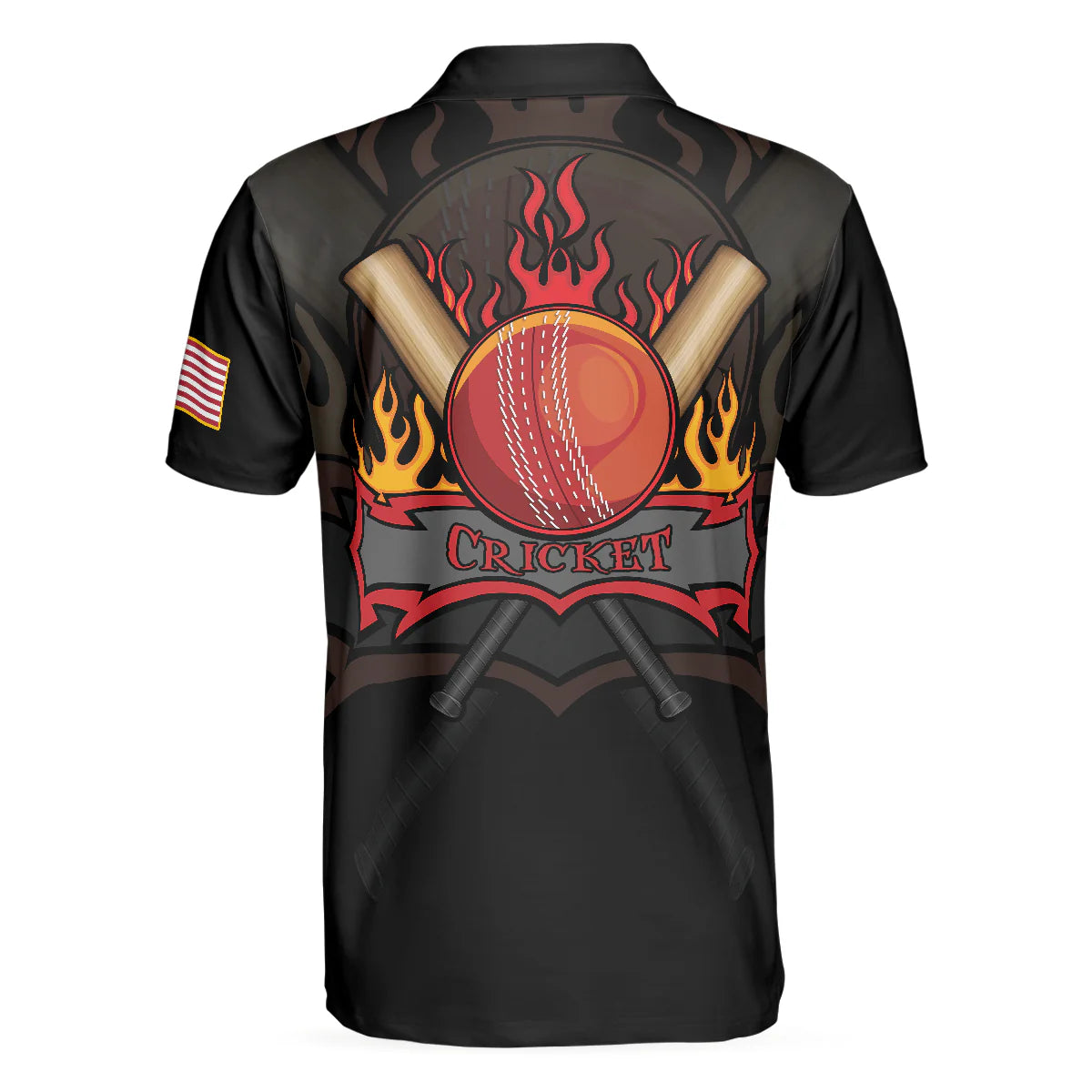 Men’s Black Cricket Polo Shirt Featuring Flame Cricket Ball and Americ ...