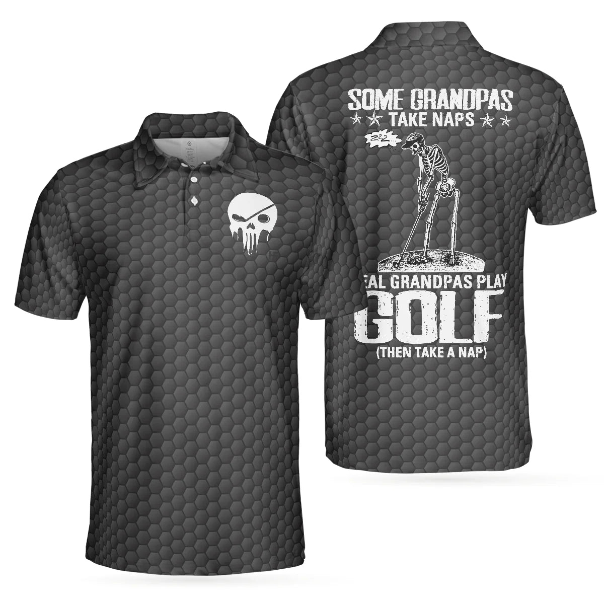 Men’s Grandpa Golf Polo Shirt Featuring Skeleton Golfer, Funny Quote Design
