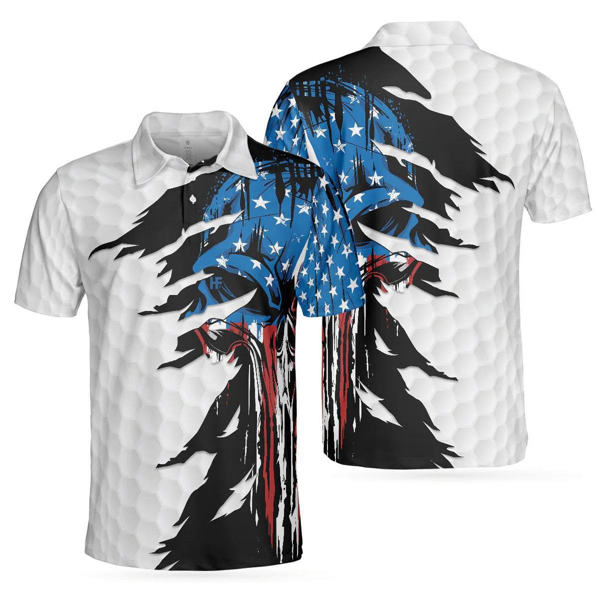Men’s White Golf Polo Shirt, Ripped Skull and Distressed American Flag Design