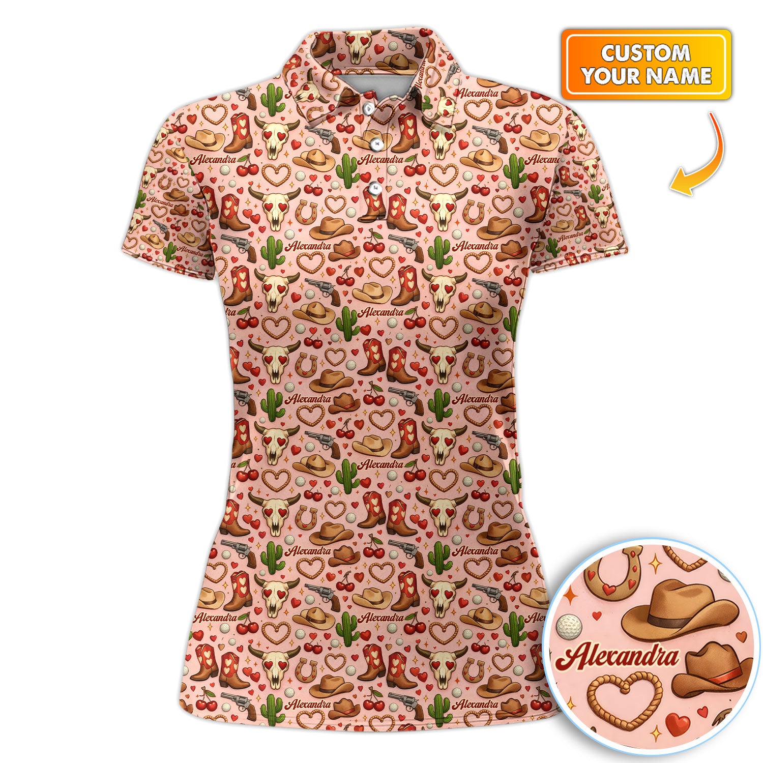 Boho Western Cowgirl Boots Cute Cactus Seamless Golf Polos, Custom Golf Shirt For Women, Funny Golf Shirt