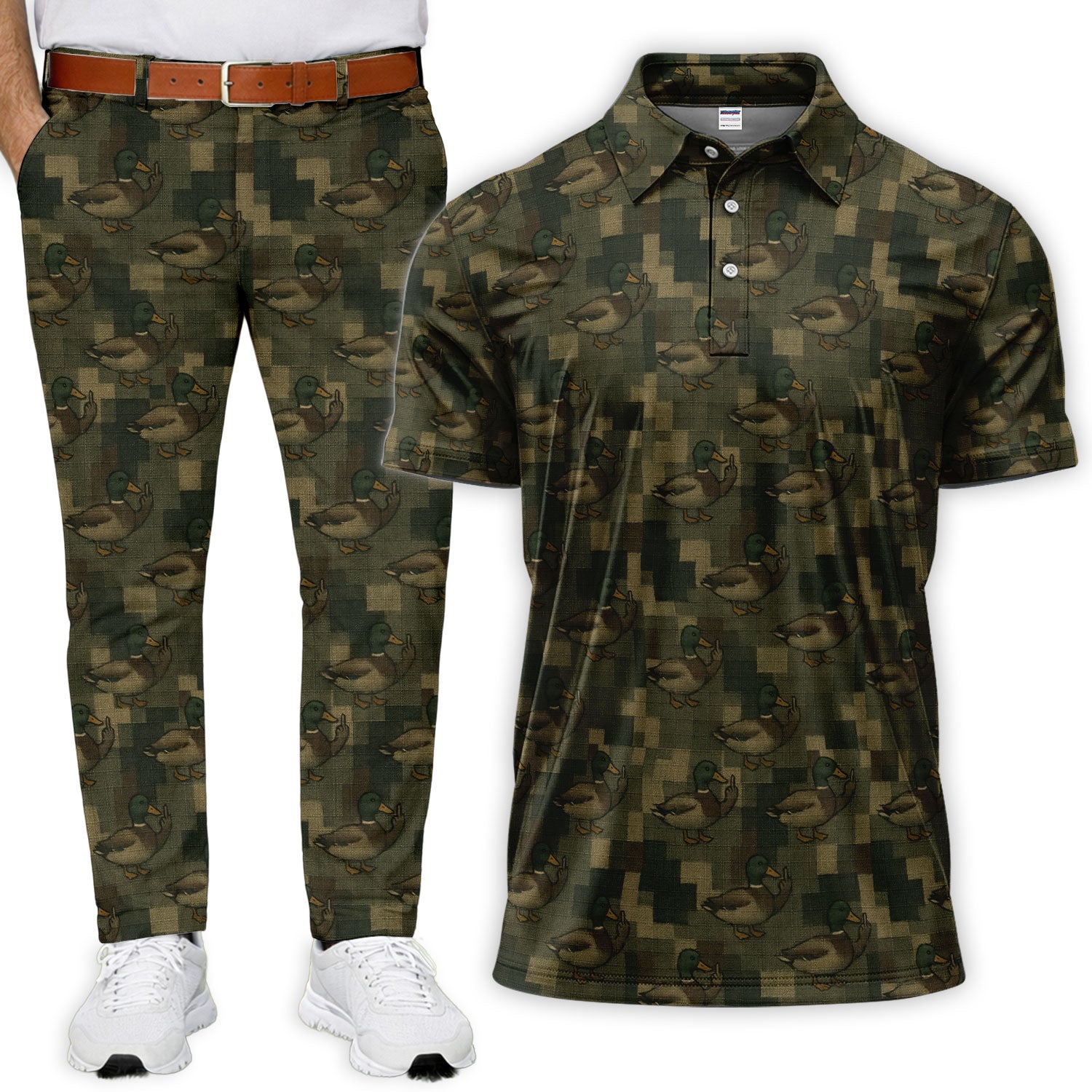 Mallard Duck Green Geometric Camouflage Golf Set, Mens Golf Pants, Golf Set For Men